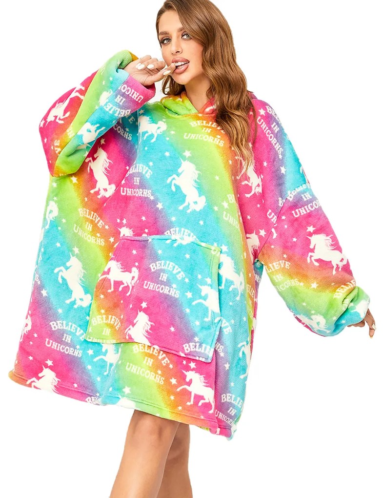 ALICORN színes báránybunda hatású kapucnis, ujjas pléd