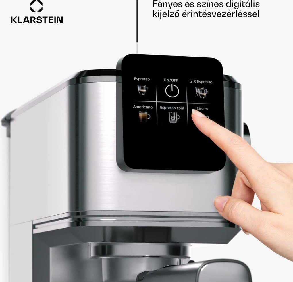 Klarstein SteelPresso Slim Touch kávéfőző, portafilter, érintőképernyő