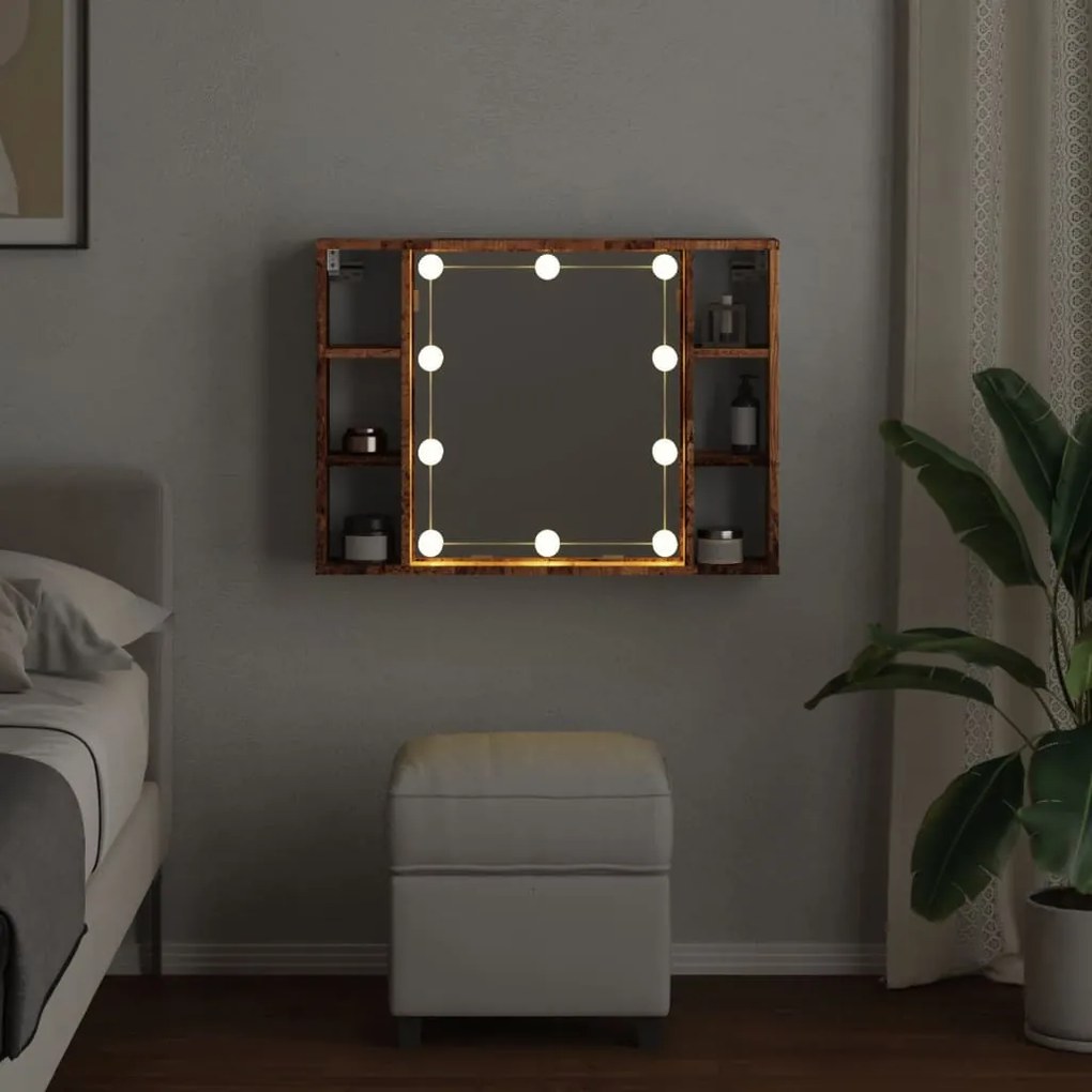 antik fa színű szerelt fa tükrös szekrény LED-ekkel 76x15x55 cm