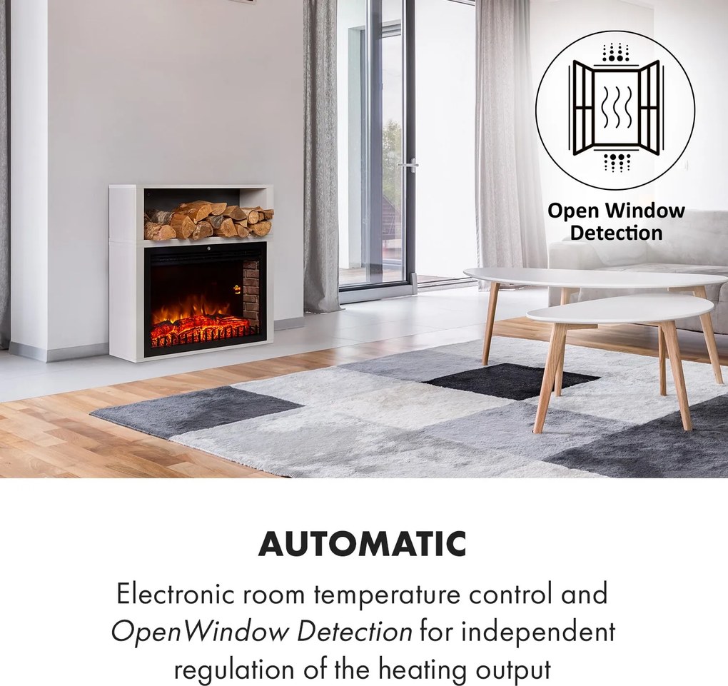 Klarstein Mauna Loa, elektromos kandalló, 2000 W, LED lángok, távirányító, polc fahasábok részére, fehér