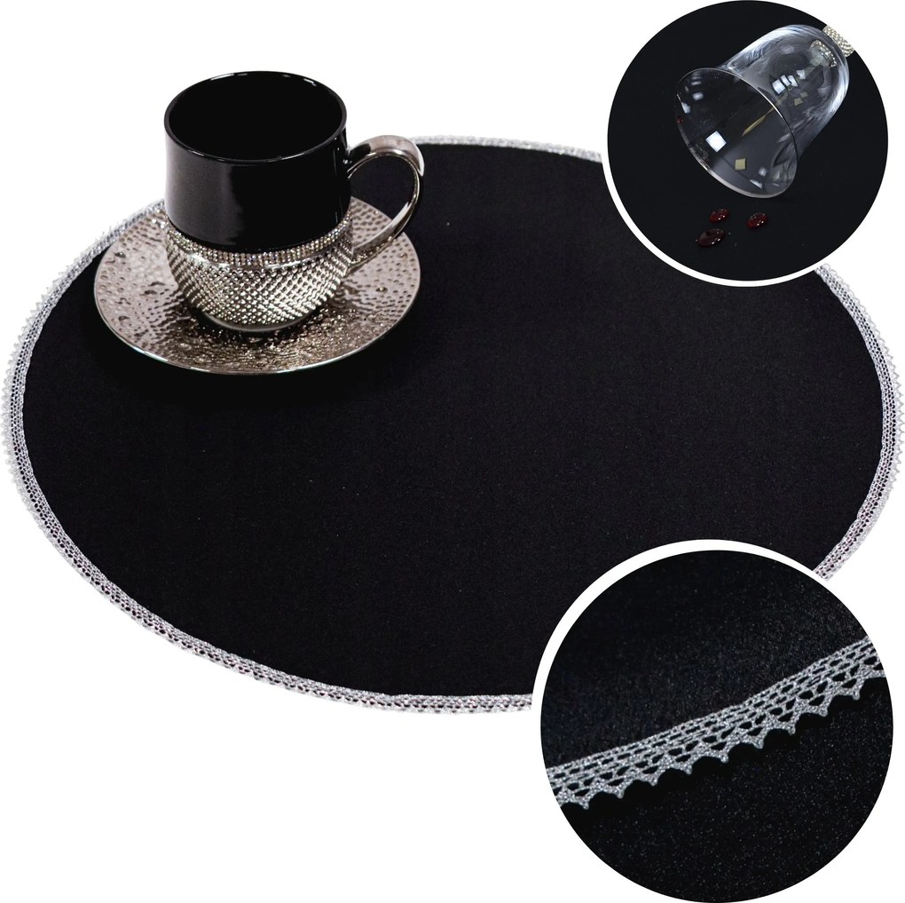 Asztali alátét Kerek Csipkével Kör 30 cm Fekete Ezüst Tányéralátét