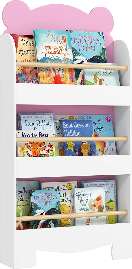 AIYAPLAY Gyermek Könyvespolc 3 Polccal, Térkihasználó Medveformájú Polc Előre Hajtott Barrierek, Hálóba és Nappaliba, 55x15x110 cm, Rózsaszín | Aosom