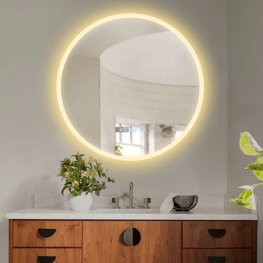 Erga Deam, kerek LED-es tükör 80cm, 3 színű lámpa, első világítás, páramentes fűtőbetét, ERG-V01-Deam-8080-CL