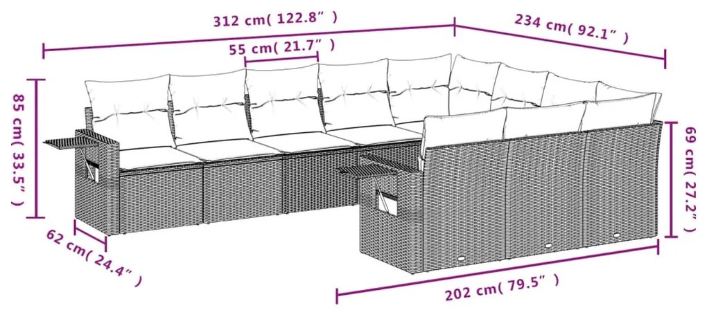 10 részes világosszürke polyrattan kerti ülőgarnitúra párnákkal