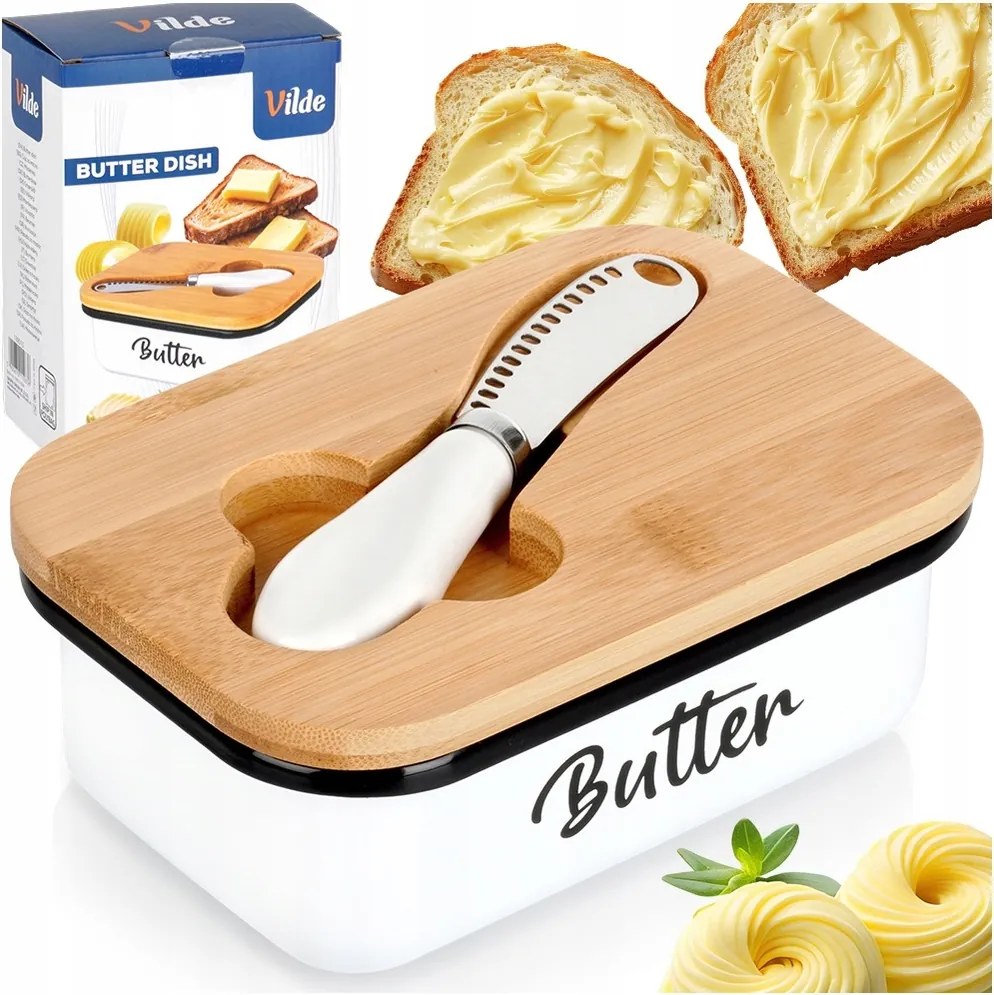 Zománcozott vajtartó bambusz fedéllel, késes vajtartó