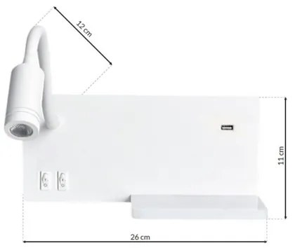 LED Fali lámpa SHELF 1xLED/4W+1xLED/5W+1xLED/2W/230V + USB port fehér