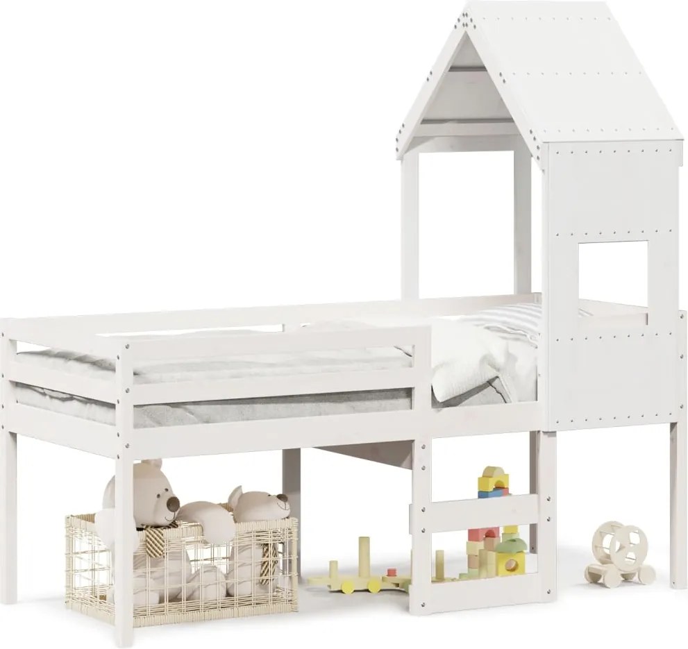 vidaXL fehér tömör fenyőfa magasított ágy tetővel 75 x 190 cm