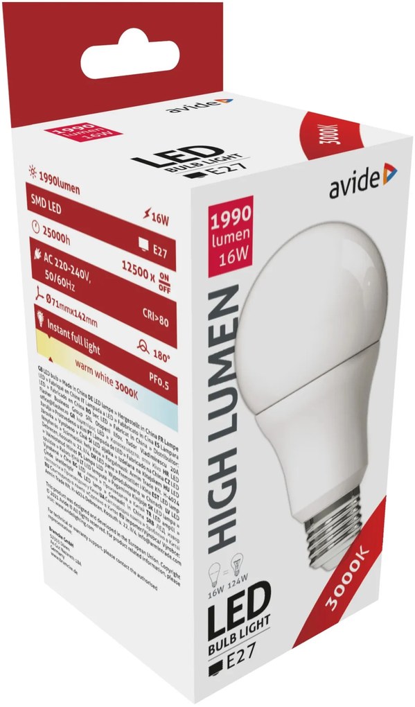 Avide LED Globe A70 16W 1990LM E27 WW 3000K