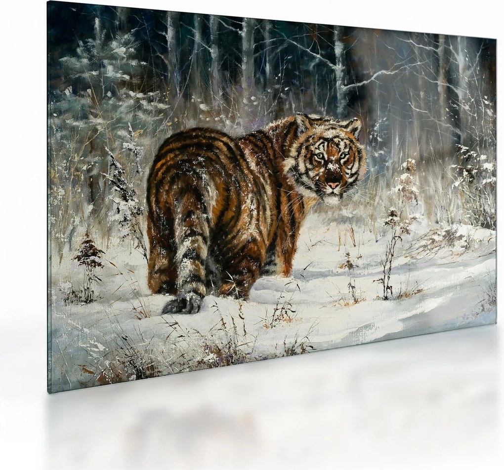 Kép - tigris a havas erdőben, olajfestmény (üvegen) (70x50 cm)