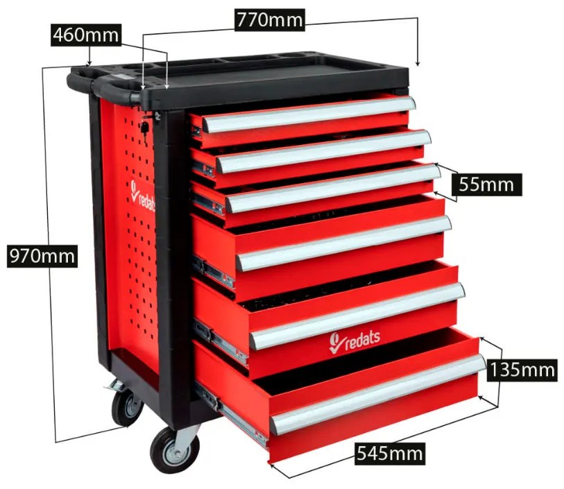 Professzionális műhely kocsi / szekrény szerszámokkal 196db REDATS - 7 fiók Red/Black