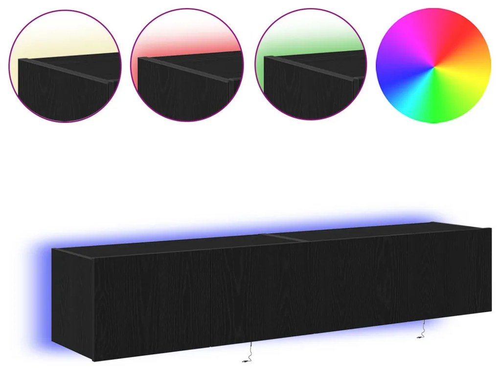 TV Faliszekrény LED Fényekkel 2 db Fekete Tölgy 80x35x31 cm