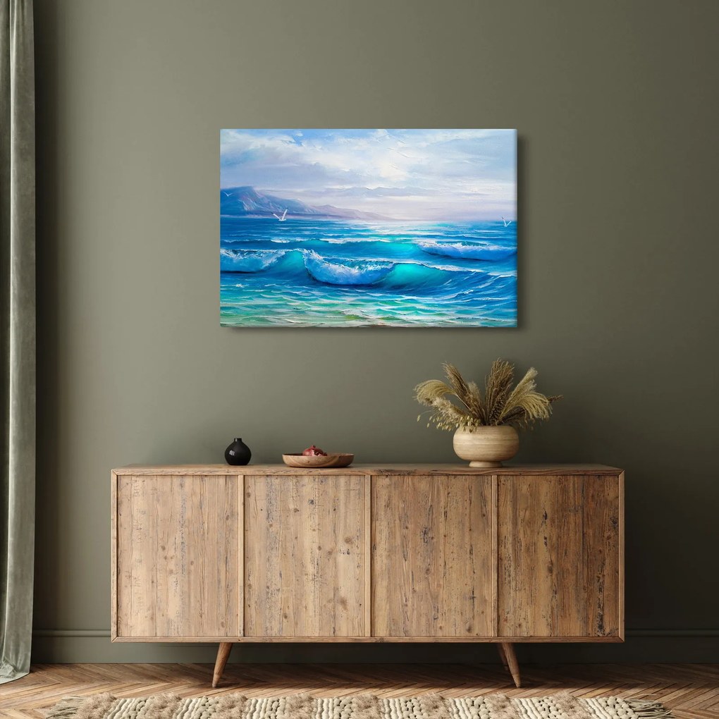 Kép - Olajfestmény a tengerről sirályokkal (90x60 cm)