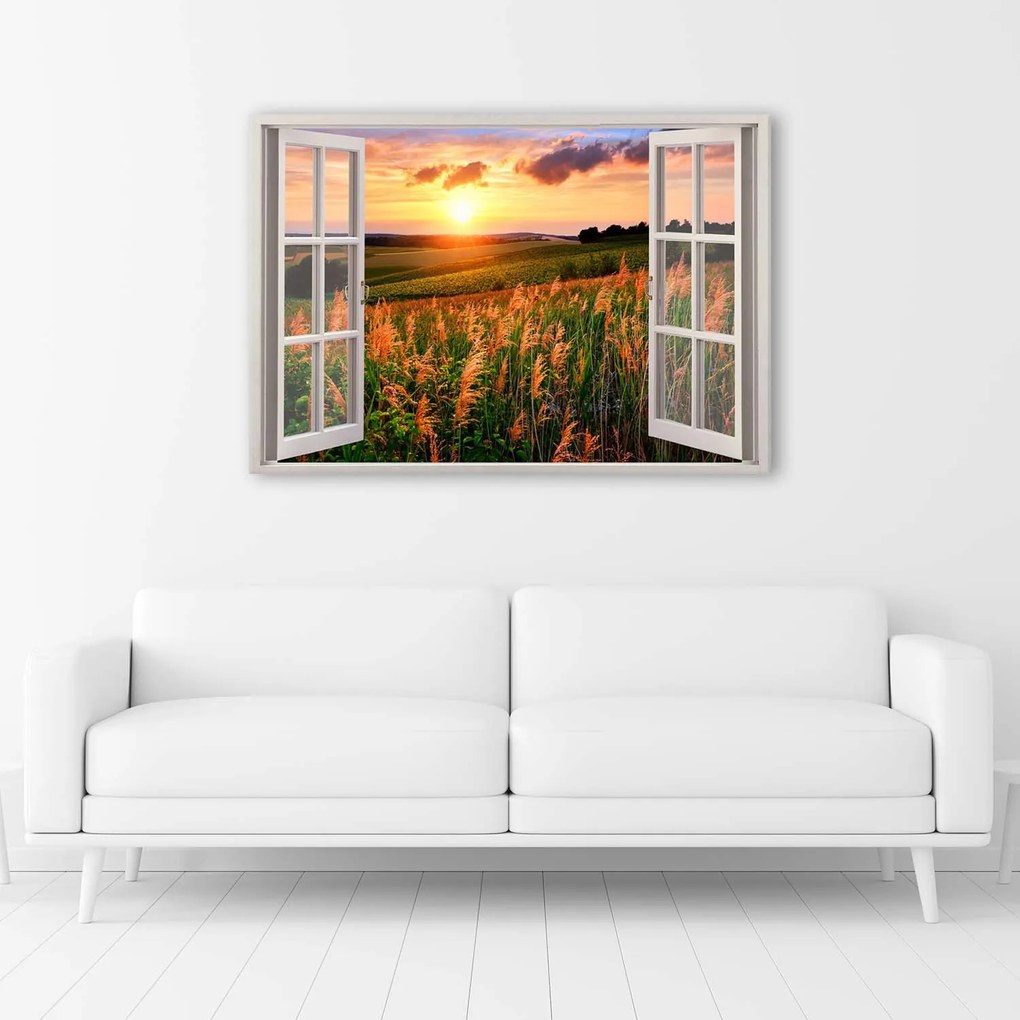 Gario Vászonkép Ablak - virágmezore nézo kilátás Méret: 90 x 60 cm
