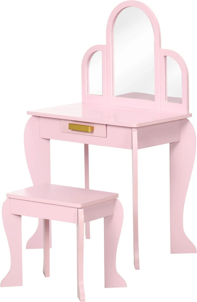 HOMCOM Gyermek Sminkasztal Puffal 3 Tükörrel és Fiókkal 3-6 Év - 52 x 32 x 85 cm - Rózsaszín | Aosom