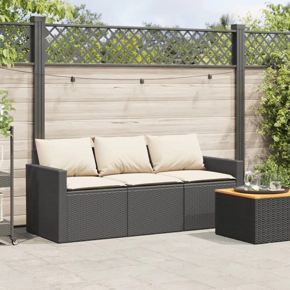 Fekete 3 személyes polyrattan kerti kanapé párnákkal