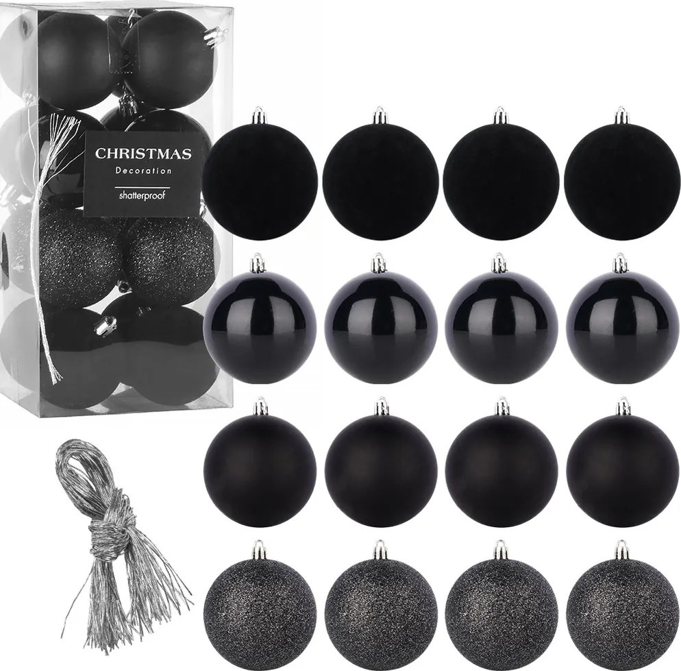 16 db Törésbiztos Karácsonyfadísz, Ünnepi, Fekete karácsonyfadísz szett
