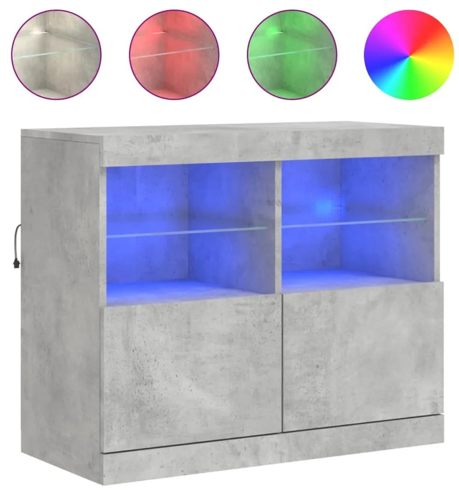 betonszürke tálalószekrény LED-világítással 81 x 37 x 67 cm