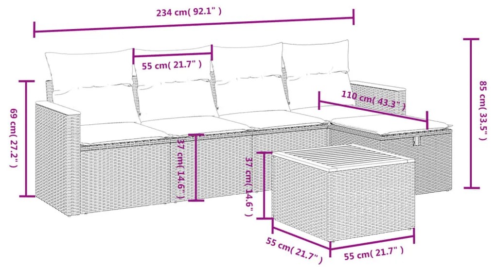 6 részes fekete polyrattan kerti ülőgarnitúra párnákkal