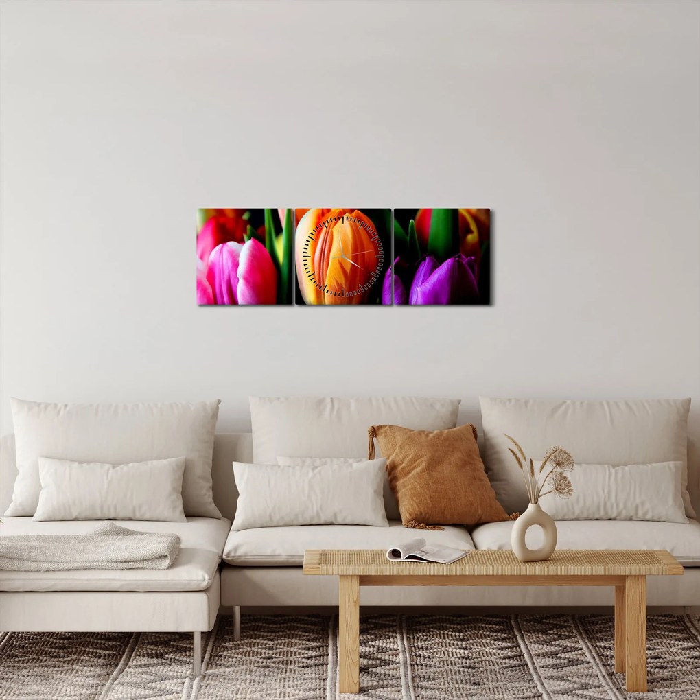 Tulipánok képe fekete alapon (órával) (90x30 cm)