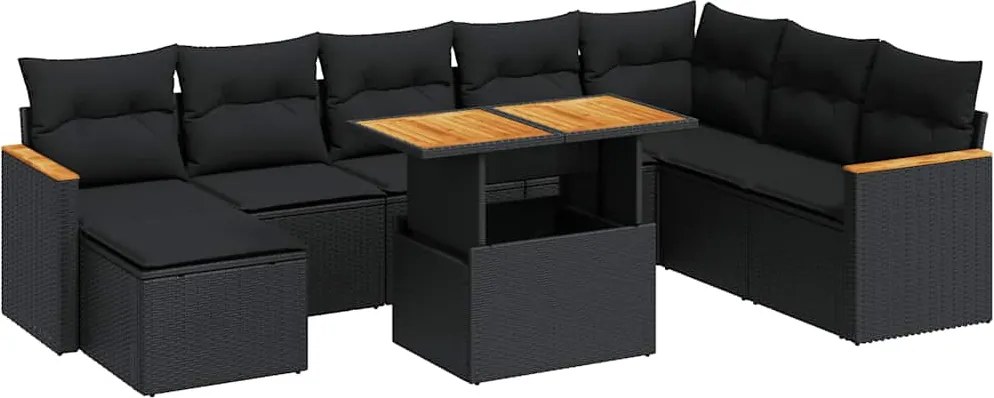 vidaXL 9 részes fekete polyrattan akácfa kerti ülőgarnitúra párnákkal