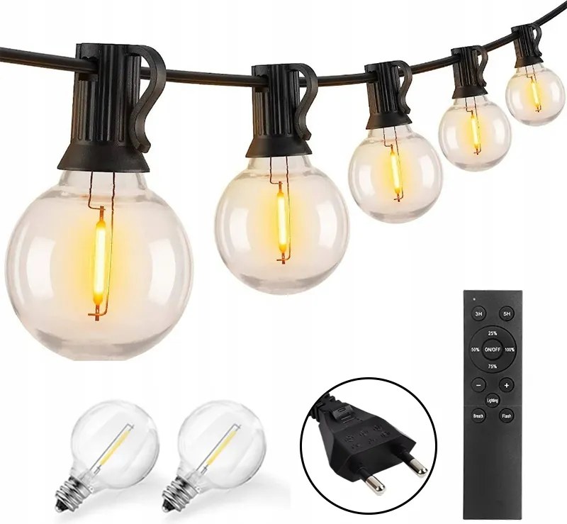 Kerti Füzér Világítás 15M 25X Led Izzó Távirányítóval Dimmerelhető Lánc