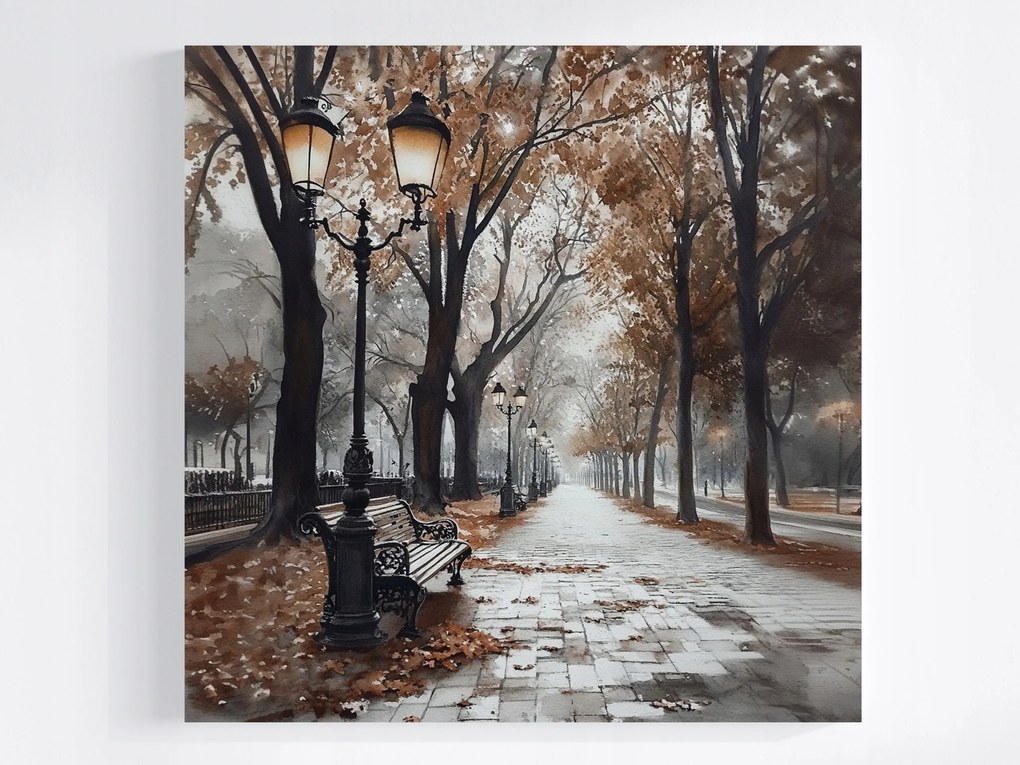 Vászonkép Canvas Tájkép Város Utca Sikátor Padok Ősz Eső 40x40