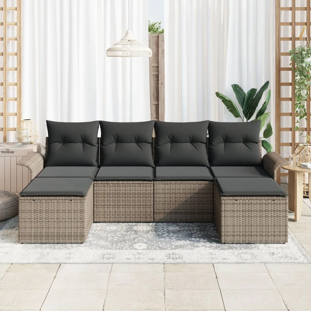 6 darabos kertiszofa szett párnákkal, szürke poli rattan