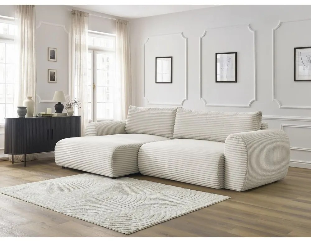 Krémszínű kordbársony kinyitható sarokkanapé (bal oldali) Lucien – Bobochic Paris