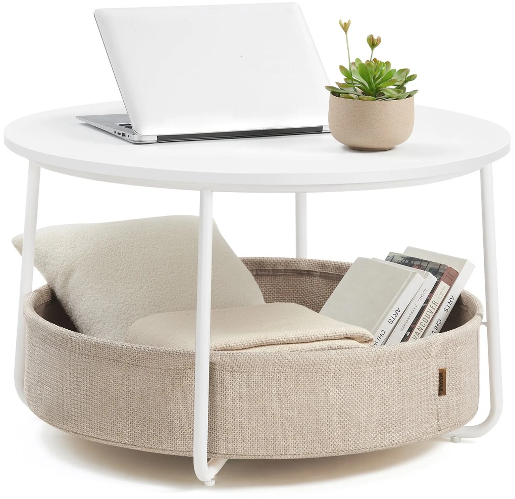 Kerek dohányzóasztal tárolóval, matt fehér és kamelbarna színben