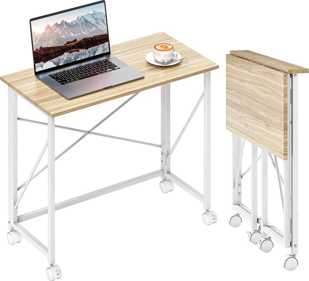 HOMCOM Összecsukható Íróasztal Kerekekkel Kompakt Számítógép Asztal Laptop Asztal Otthoni Irodába Kisebb Terekhez 80x40x75 cm Természetes | Aosom