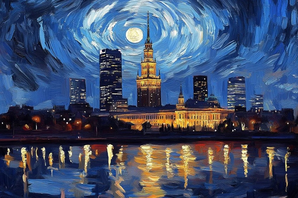 Canvas Város Vászonkép Varsó Panoráma Van Gogh Éjszakai Stílus 60x40