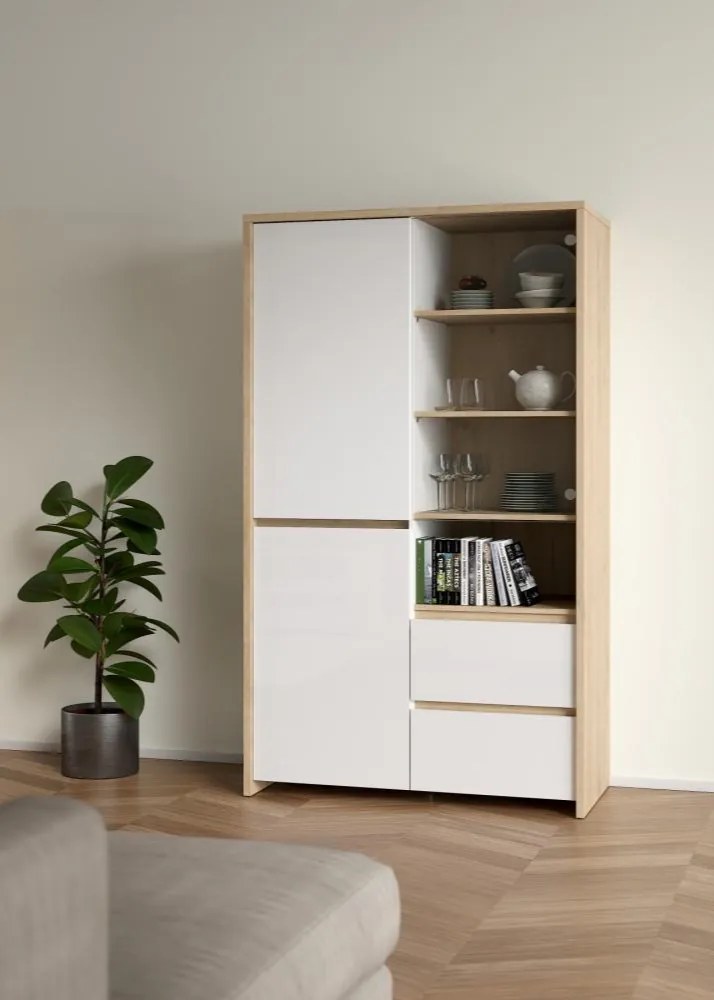 Vitrin, hickory tölgy/extra magasfényű fehér, NEXT 50317