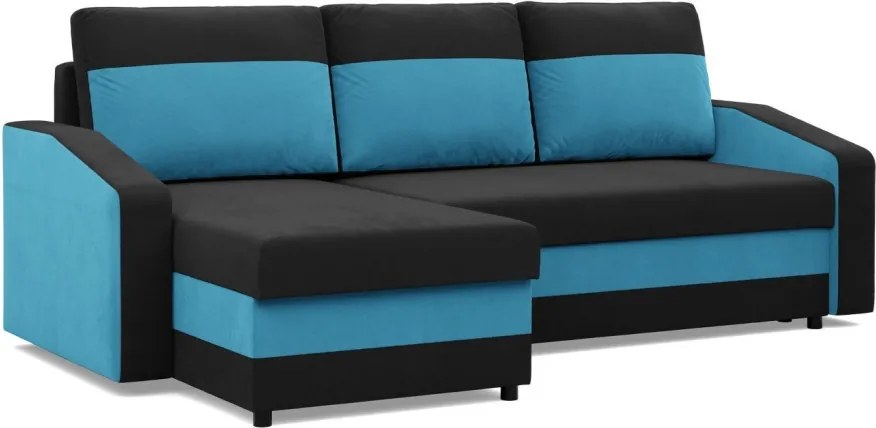 Hewlet sarokkanapé, 2 ágyneműtartóval, szövet anyag, univerzális oldal, hab töltet, fekete - kék