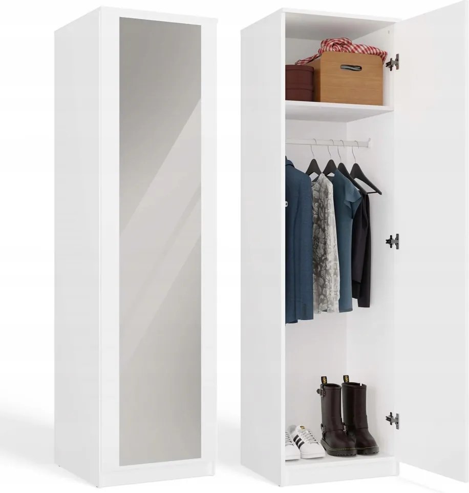 SD-50 Szekrény Tükörrel Fehér Keskeny 50x180cm Tip-on Rúddal És Polcokkal