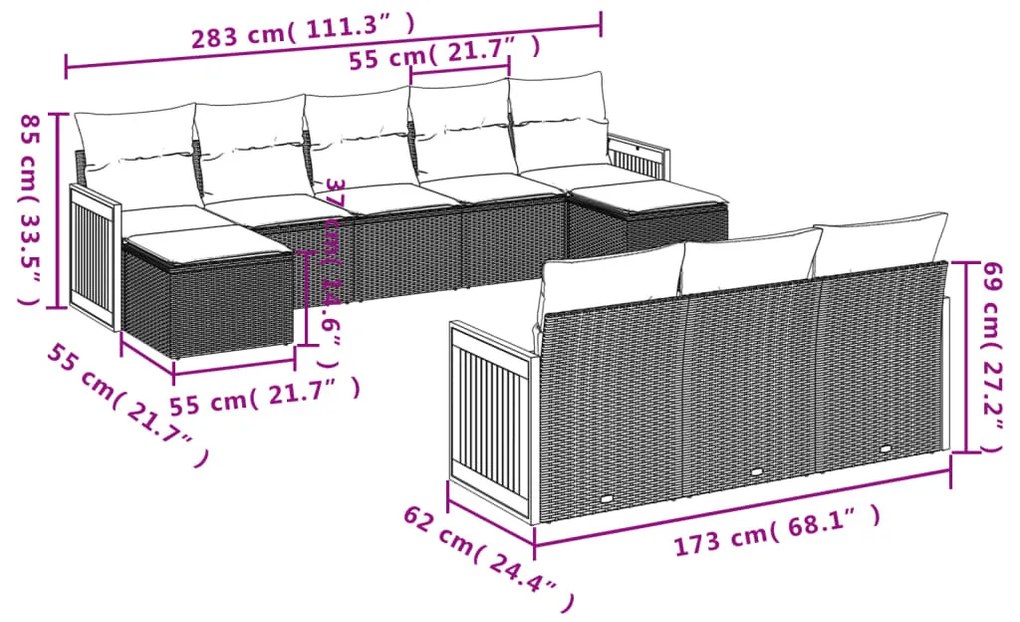 10 részes fekete polyrattan kerti ülőgarnitúra párnákkal