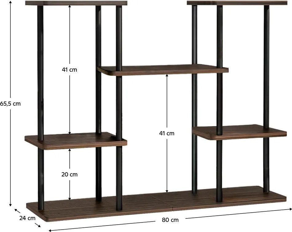 6 szintes virágállvány, fém növénytartó MDF polcokkal, 80 x 24 x 65,5 cm, fekete/rusztikus fa
