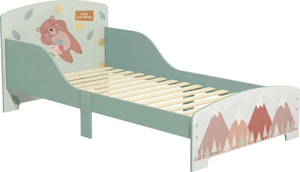 ZONEKIZ Fa Gyermekágy 143x77x60 cm Gyerekeknek 3-6 Év között Védőkorláttal és Mintával Max. Teherbírás 40 kg Modern Zöld Gyerekszoba Bútor | Aosom