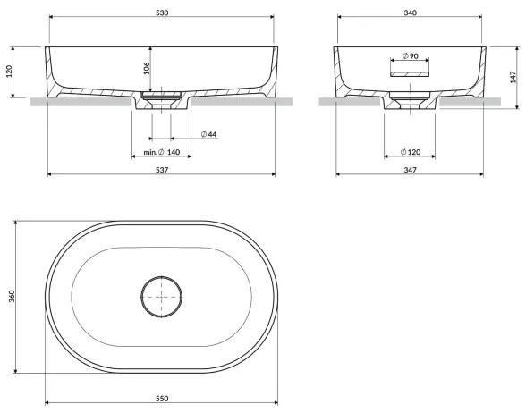 OMNIRES OVOUNAG OVO 55x36 cm mosdó laposra, dolomit, matt hamuszürke