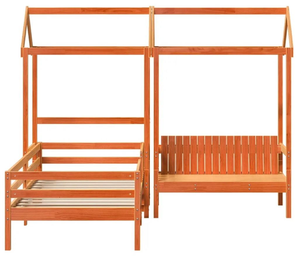 viaszbarna tömör fenyőfa ágy és pad szett tetővel 100 x 200 cm