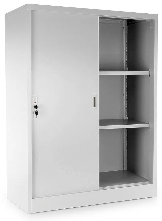 Közepes univerzális fém szekrény tolóajtókkal 90 x 40 x 120 cm, hengerzár, szürke - ral 7035
