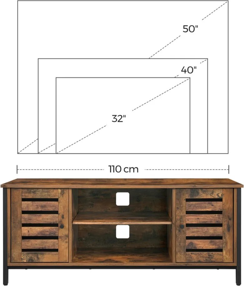 TV szekrény polcokkal és két ajtóval, rusztikus barna 110x40x50cm