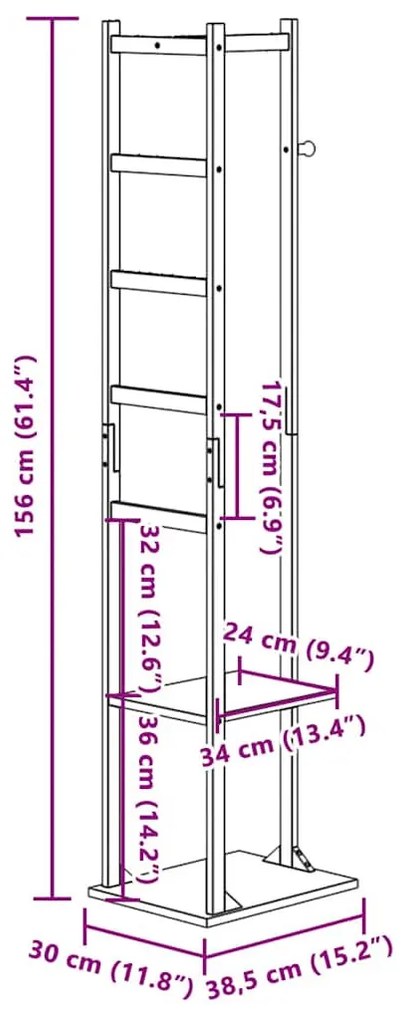 kabátállvány kampókkal és polcokkal 38,5x30x156 cm bambusz