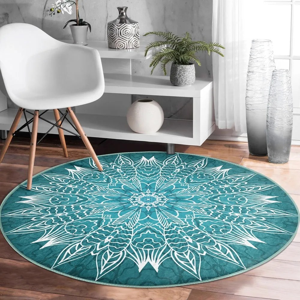 Türkiz mosható-robotporszívóval tisztítható kerek szőnyeg ø 80 cm Comfort – Mila Home