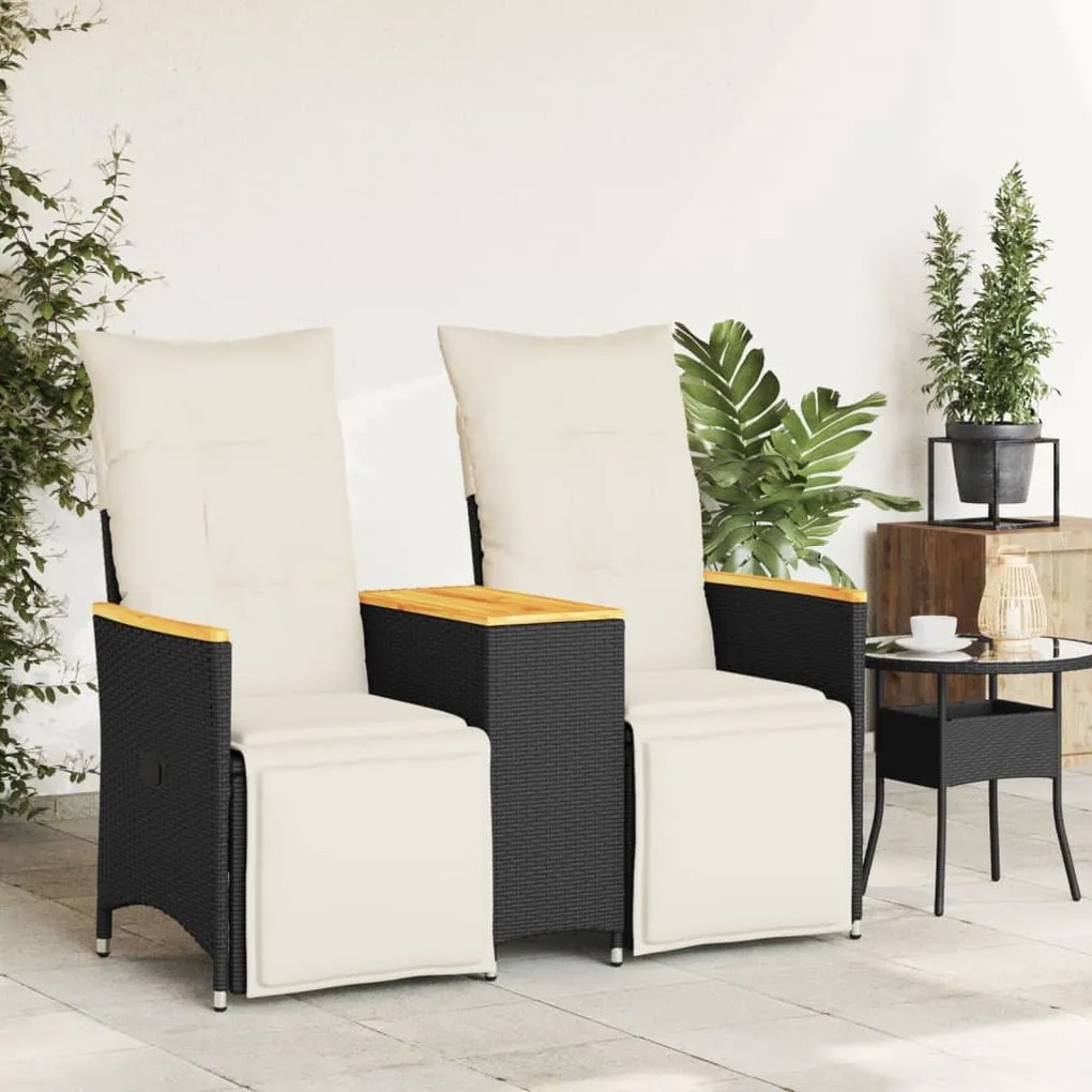 2 személyes fekete polyrattan dönthető kerti kanapé asztallal