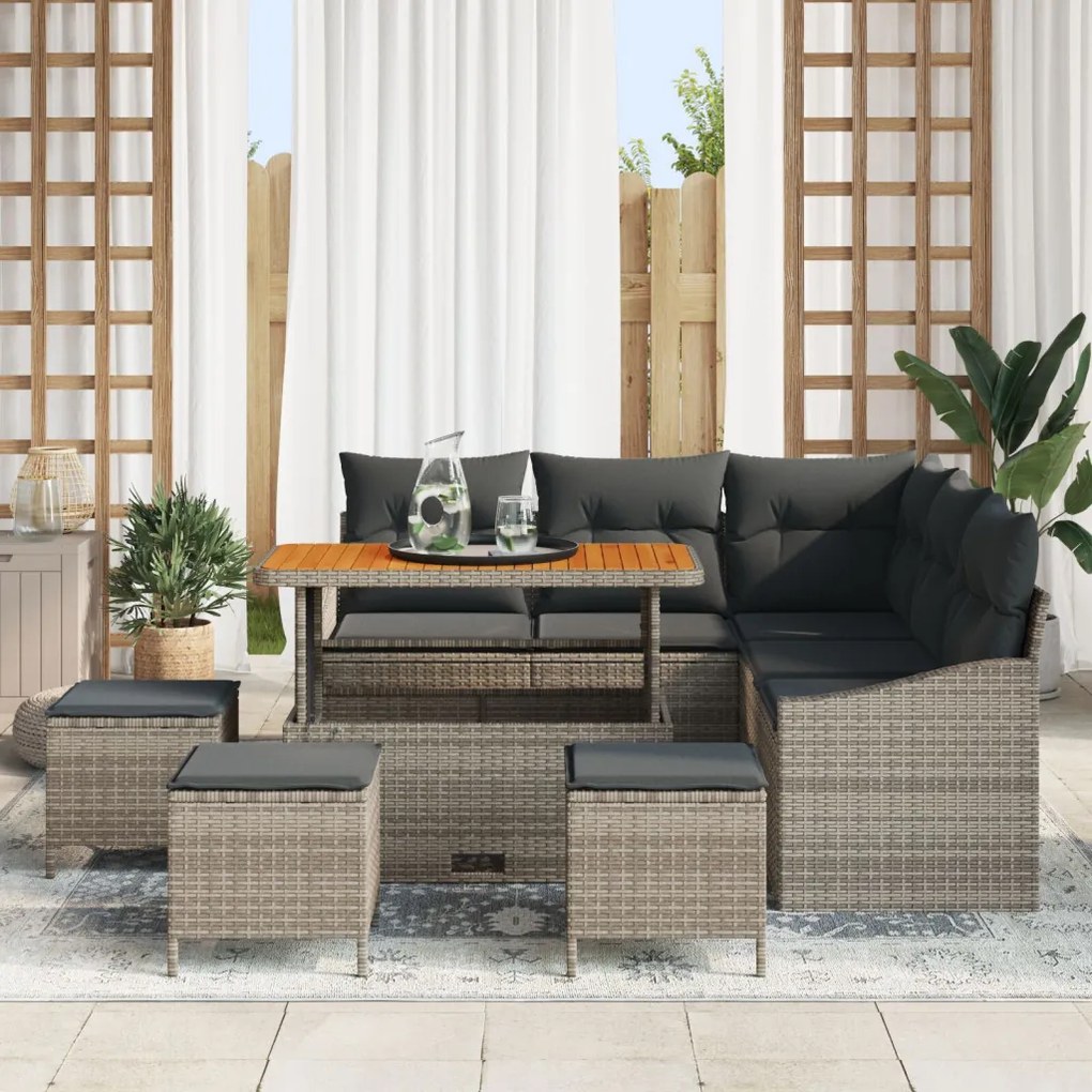 8 darabos kerti kanapé szett párnákkal szürke poli rattan akáciával, 2 fős kerti kanapé párnákkal szürke poli rattan, 3 darabos kerti étkező szett párnákkal szürke poli rattan akáciával