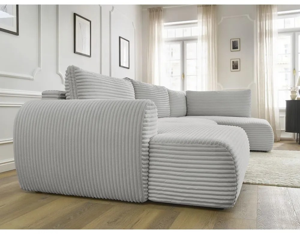 Világosszürke kordbársony kinyitható-tárolóhelyes sarokkanapé (jobb oldali-U alakú) Lucien – Bobochic Paris