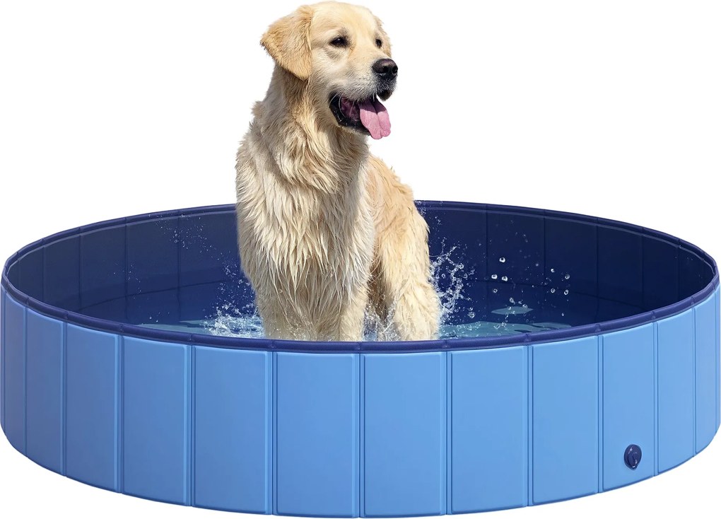 PawHut Összecsukható Kutyafürdő Medence – Kutyák és Macskák Számára – Tálca - Műanyag+Fa, Kék Ø140 x H30 cm | Aosom