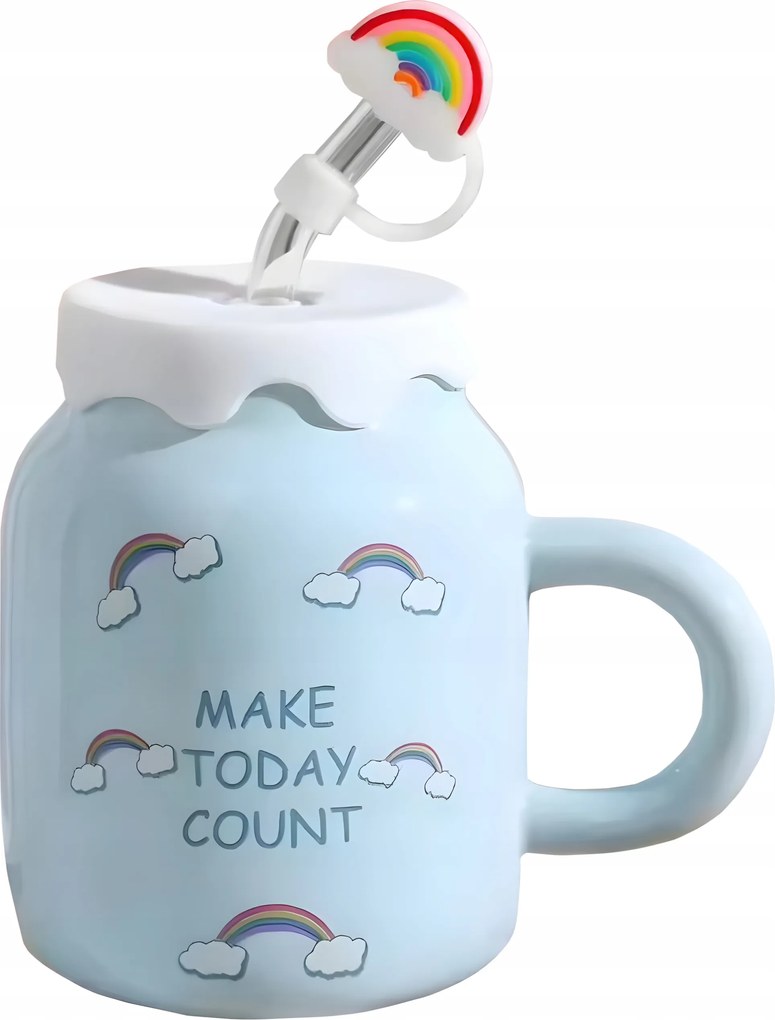 Kerámia Bögre 450ML Szívószállal Teás Kávé Fedéllel Nagy Ital