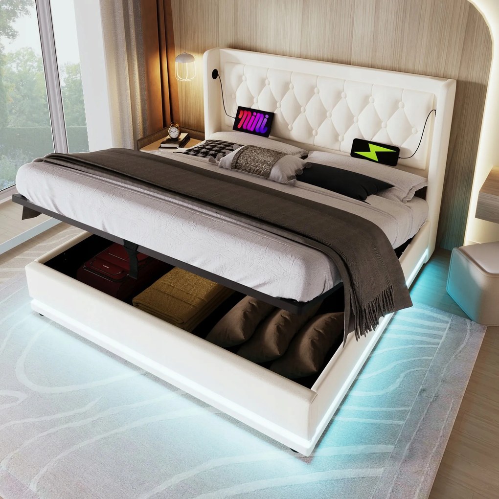 Franciaágy Kárpitozott ágy 140x200 Usb Type-C Led Hidraulikus Fehér