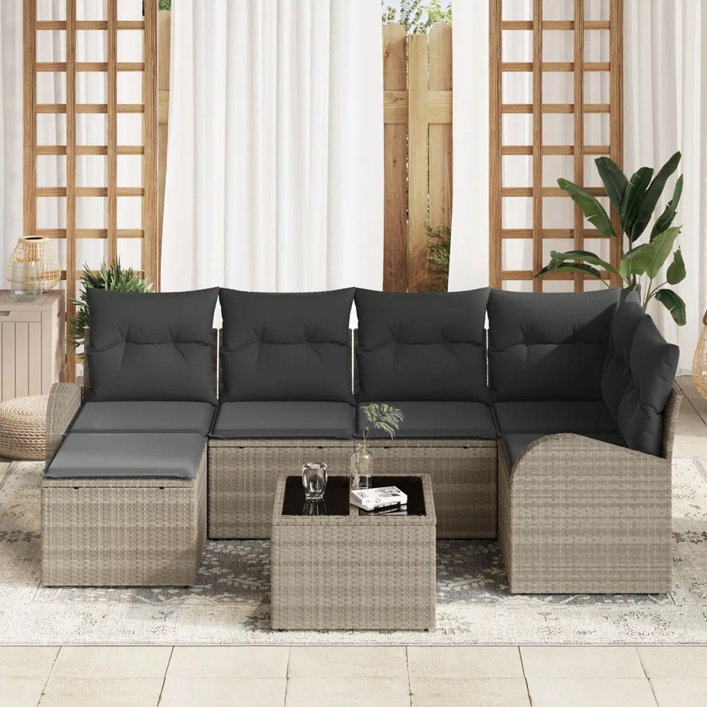 7 darabos kerti kanapészett párnákkal szürke Poly Rattan, 2 fős kerti kanapé tárolóval és párnákkal világosszürke Poly Rattan